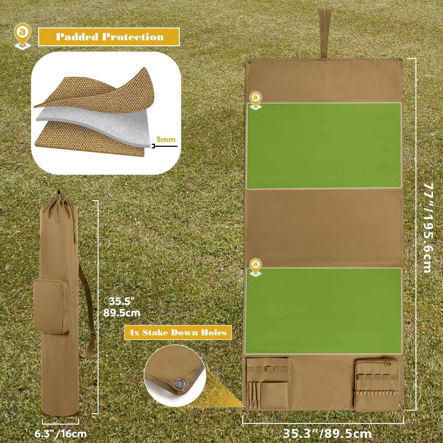 GOBUROS Tactical Shooting Mat with Carrying Bag, Extra Large Roll Up Shooting Mats Prone Padded Shooting Blanket with 2 Accessory Pockets for Range Shooting Hunting, Khaki