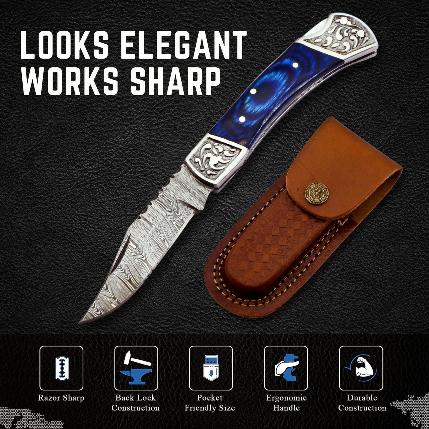 Handmade Damascus Pocket Knife for Men - 7.2 Inches Engraved Steel Damascus Folding Pocket Knife with Belt Holster - Pocket Knives & Folding Knives with Sheath & Back Lock - EDC Knife Pocket.(Blue)