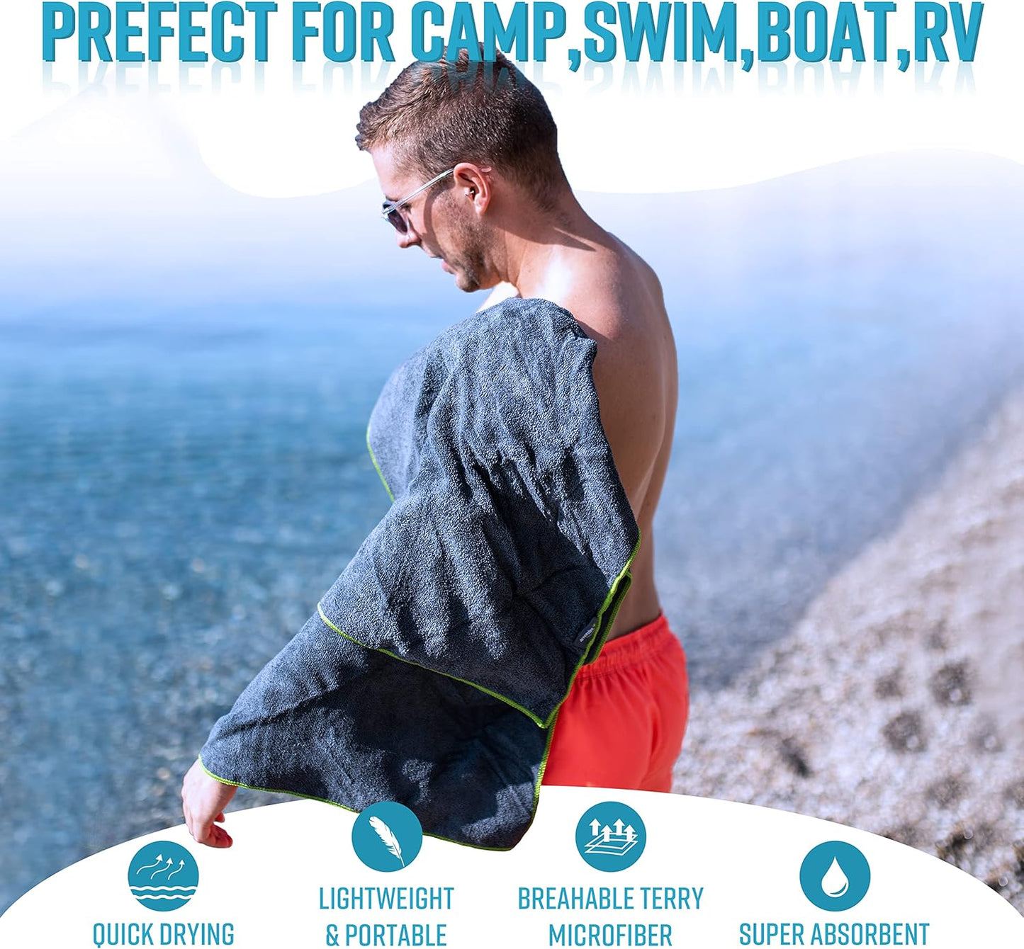 4Monster 4 Pack Microfiber Camping Towel Quick Dry, Super Absorbent Travel Towel with Waterproof Bag, Lightweight Boat Towel for RV, Sport, Gym, Beach, Pool, Swim,Family Trip