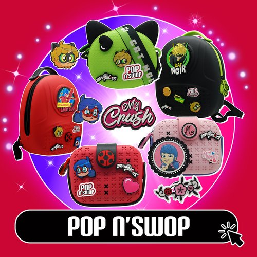 Miraculous Ladybug - Pop n' Swop Ladybug Red Backpack with Black Handle, 6 Clip-on Badges and Zipper, Lightweight Durable Waterproof Bag with Adjustable Straps (Wyncor)