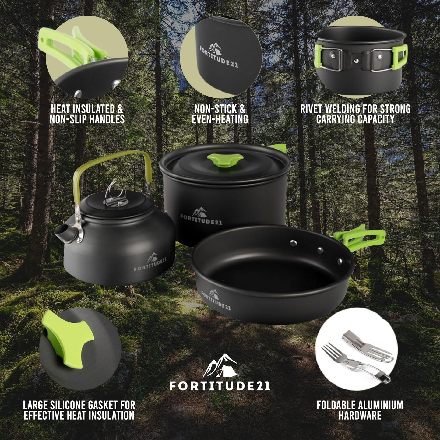 Fortitude21 Camping Cookware Set - 19-Piece Lightweight Backpacking Cookware with Pots, Pans, Utensils - Compact Outdoor Cooking Kit for Camping, Hiking, Backpacking & Survival
