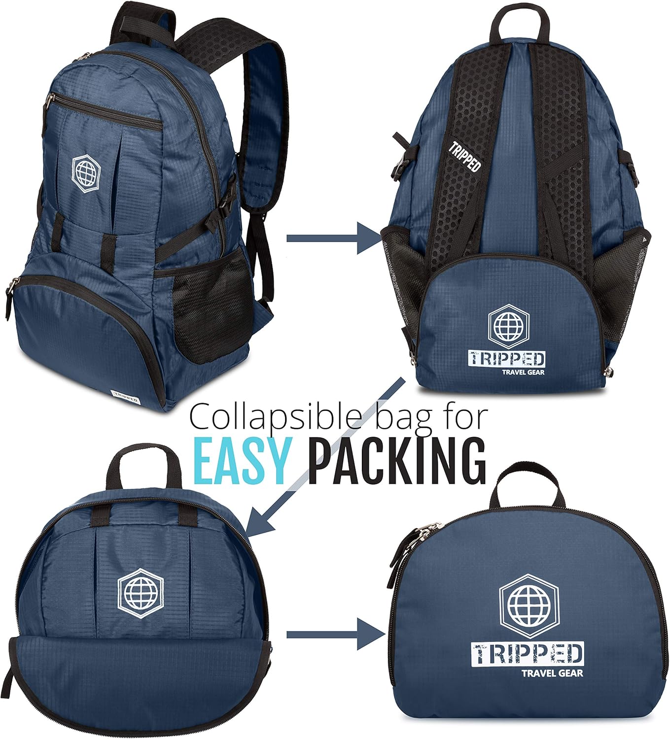 TRIPPED Travel Gear Traveling Backpack- Foldable collapsible lightweight backpack for travel (Black) 35 liters
