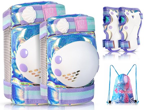 NEMONE Mermaid Knee Pads for Kids, Girls Boys Knee Elbow Pads Wrist Guards with Drawstring Bag, Adjustable Reflective Protective Gear Set for Roller Skates Bike Cycling Skateboard Scooter