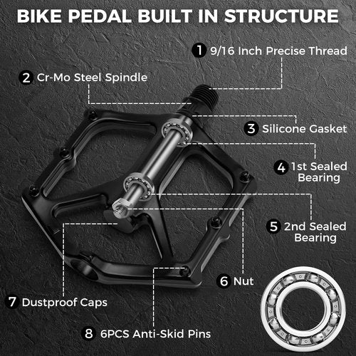 Hapleby Premium Bike Pedals of 9/16 Inch, Professional Mountain and Road Bike Flat Pedal with 2 Sealed Bearings, Wide Paltform and Lightweight of Bicycle Pedals, Come with Pedal Wrench 1PCS