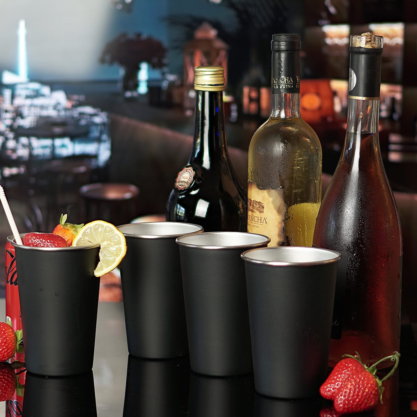 7 Steps - Stainless Steel Pint Cup 500 ml / 16 oz - Durable - Reusable - Party - Outdoor - Hiking - Camping - Picnic - Stackable Cup for Beer Juice Soda (Pack of 4) (Black)