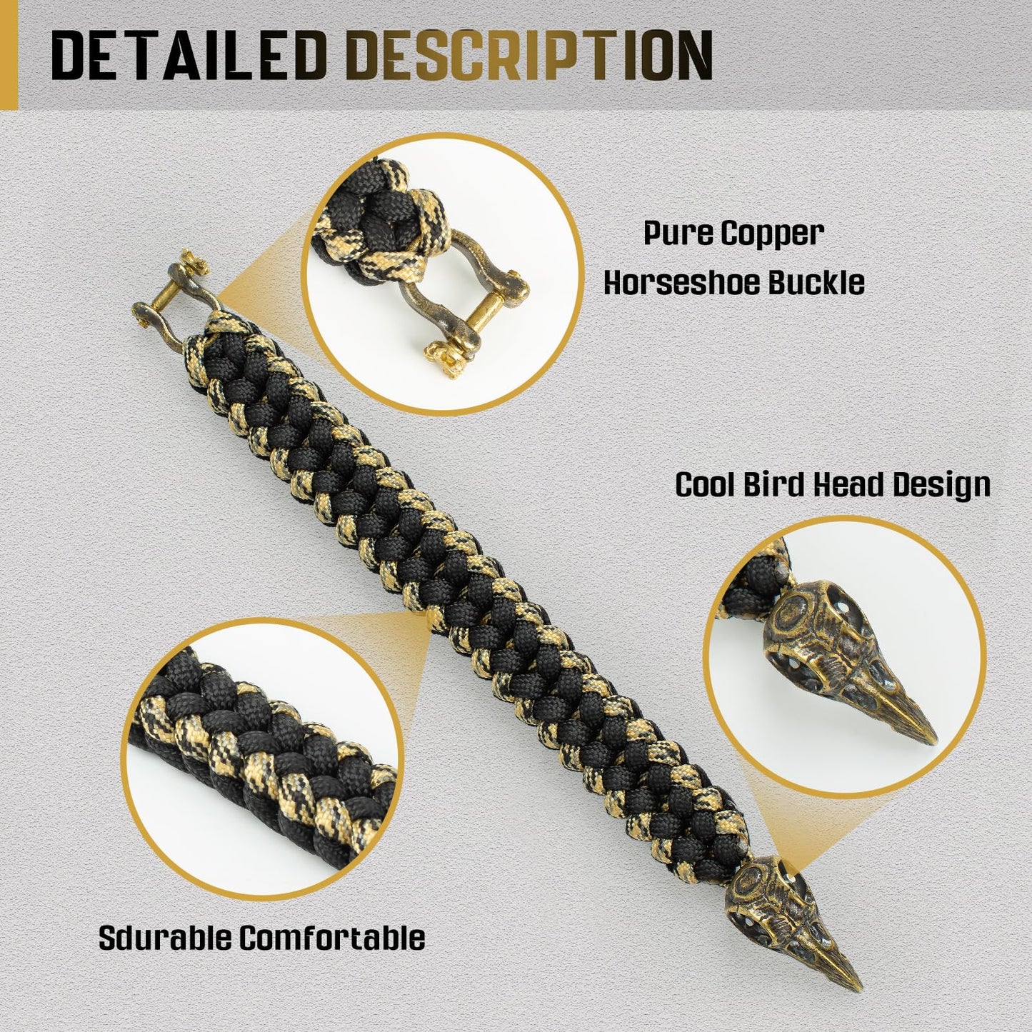 amzeus Paracord Survival Bracelet for Men and Women, Handmade Woven Tactical Style with Cool Brass Buckle Bracelet, Suitable for Hiking and Outdoor Activities