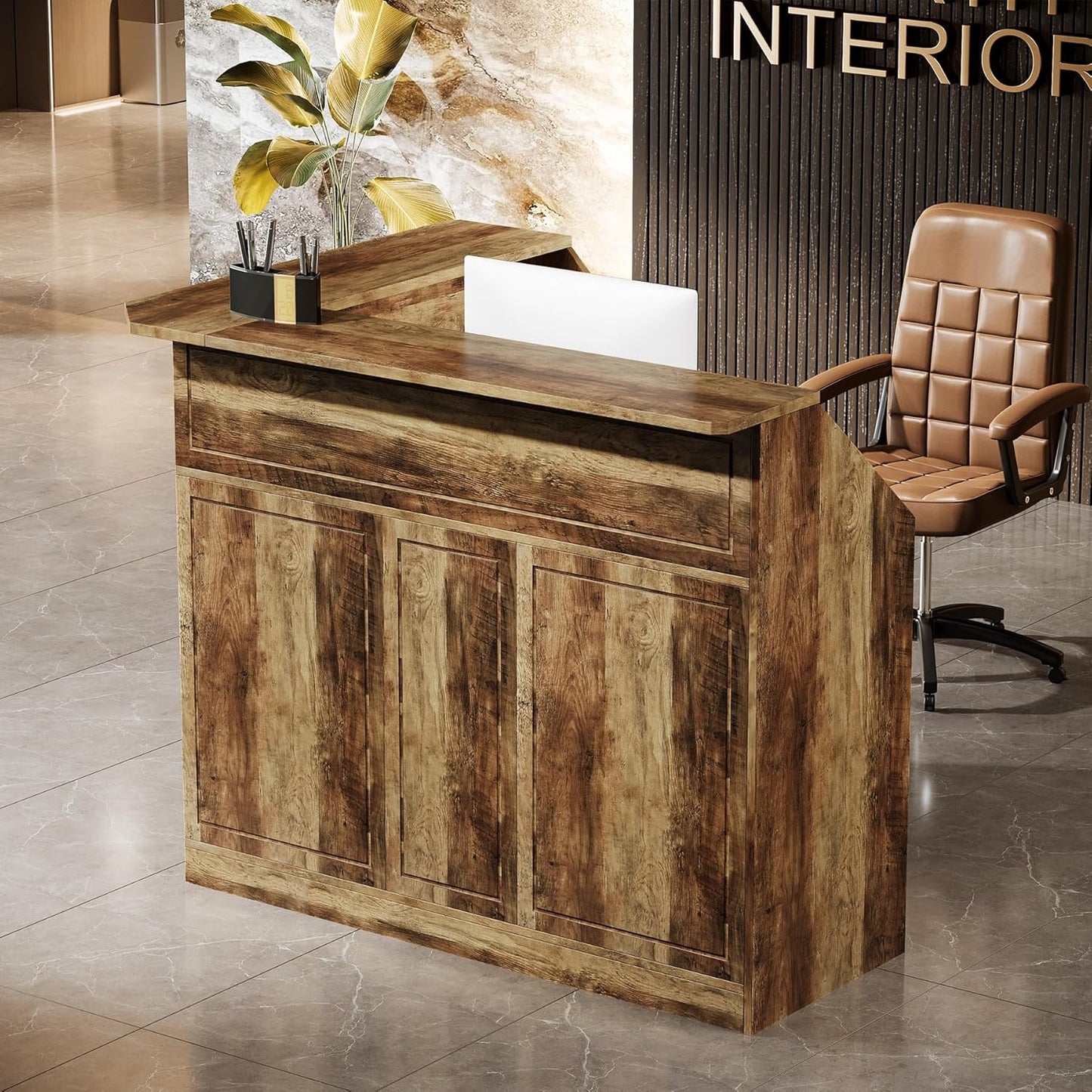 Tribesigns Reception Desk with Storage Shelves, L-Shaped Modern Front Desk, Reception Counter Table for Small Office, Salon, Checkout Office, Black