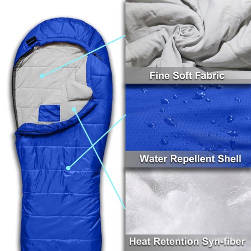 Azitrek 0 Degree Camping Sleeping Bags Mummy for Adults Youth | XXL Big and Tall 3-4 Season Warm Cool Winter Cold Weather Sleeping Bag w. Compression Sack | Side Sleeper Friendly (Lake Tahoe Blue)