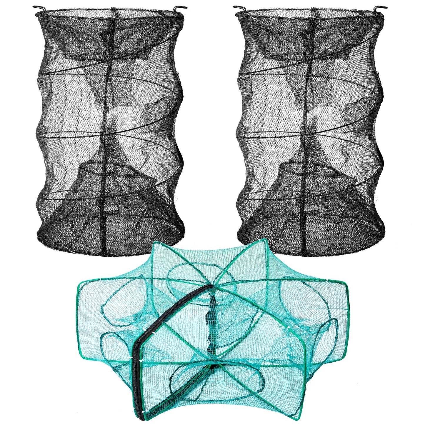 Woanger 3 Pcs Minnow Trap, Include 2 Fishing Bait Trap 1 Cylindrical Hexagon Crab Crawfish Trap, Lobster Shrimp Collapsible Cast Nets Portable Folded Fishing Accessories,12x21.65 Inches