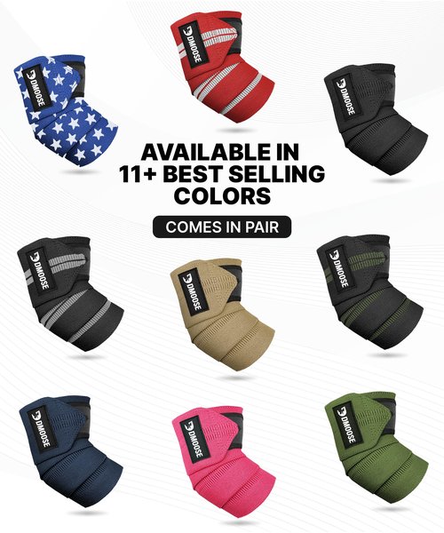 DMoose Fitness Elbow Wraps for Weightlifting (Pair) - 40'' Adjustable Elbow Strap for Gym Workout, Bench Press & Powerlifting - Compression Wraps for Tendonitis & Joint Support (Green Stripes)