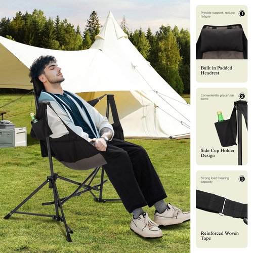 HIGH POINT SPORTS Hammock Camping Chair, Adjustable Back Swinging Chair, Folding Outdoor Rocking Chair, Heavy Duty Portable Camp Chair with Cup Holder and High Back for Adults, Black