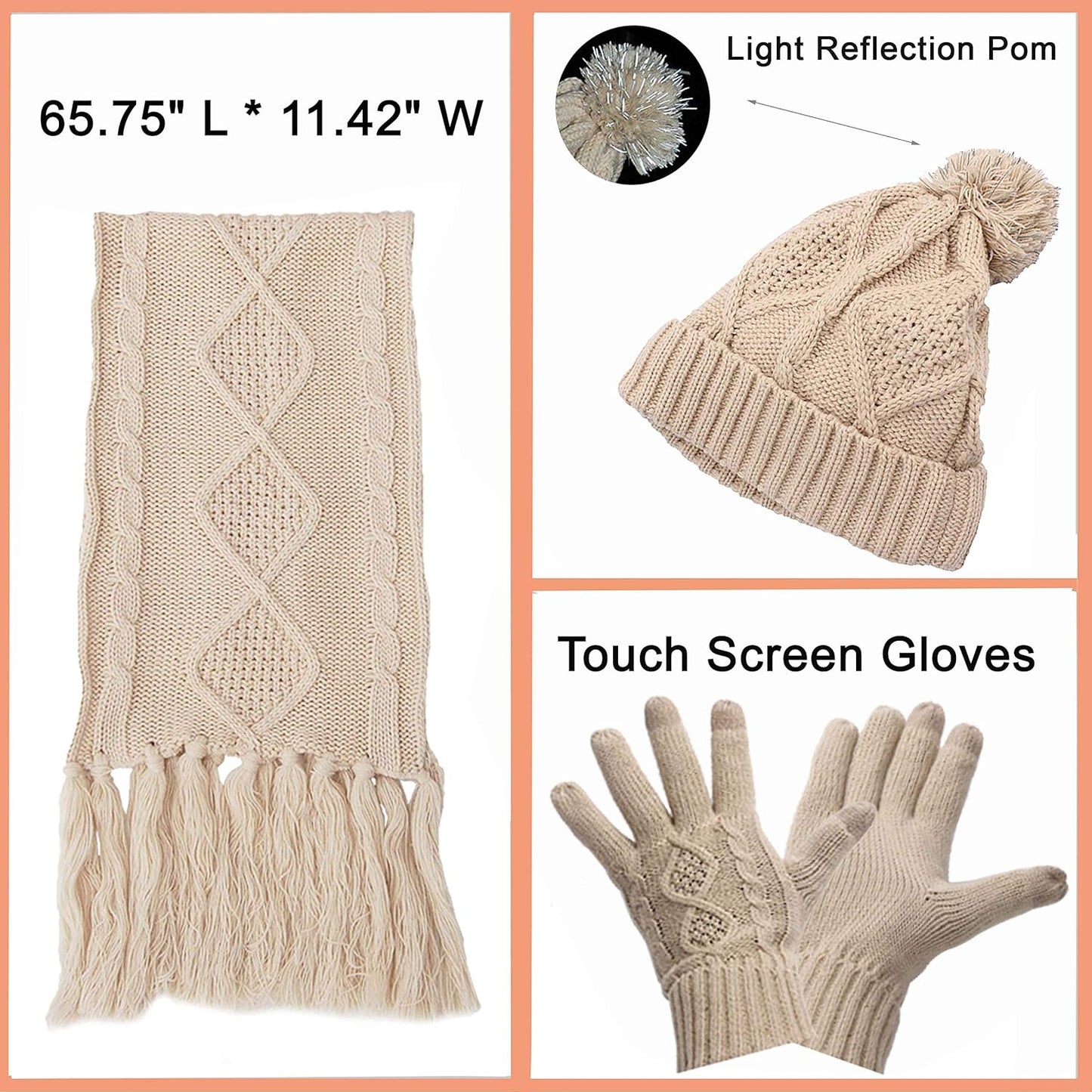 Winter Hat Gloves Scarf Set for Women, Cable Knit Beanie Pom Cap Touch Screen Glove Long Scarf 3PCS Winter Gift for Women Men