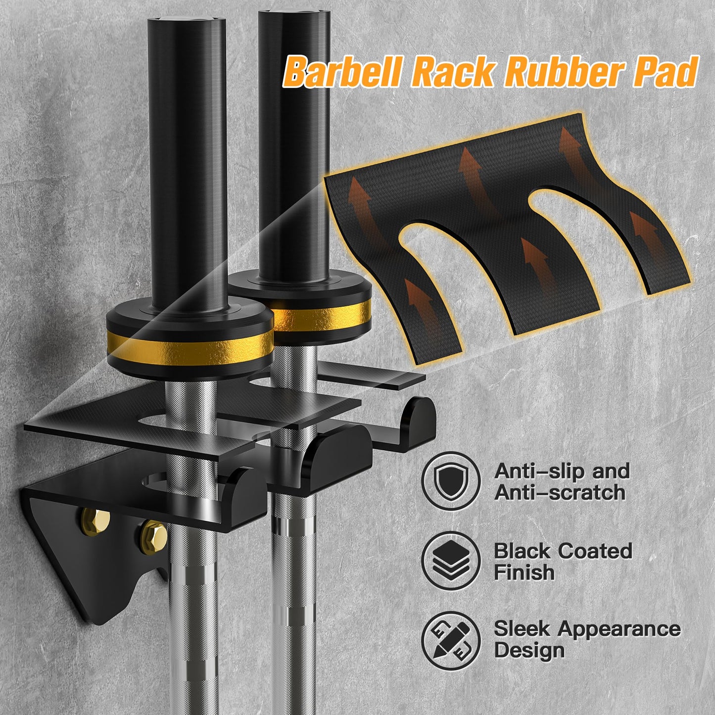 APLUGTEK Olympic Barbell Rack, Home Gym Bar Holder, Black Vertical Wall Mount, Bar Hanger with Rubber Pad, Space Saver Commercial or Garage Gym Accessories, Holds Under 33mm Bar Size (2 Hooks)