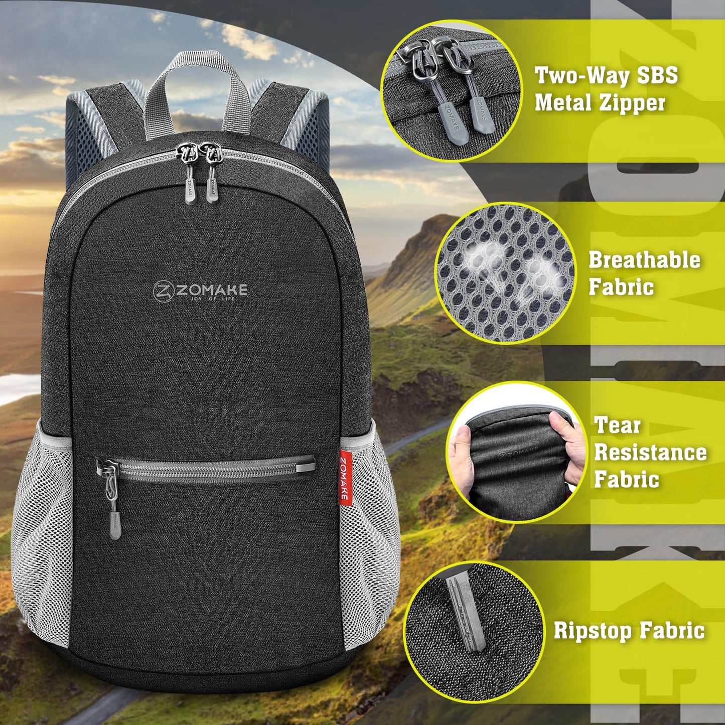 ZOMAKE 10L Lightweight Packable Hiking Backpack, Small Travel Hiking Daypack for Women Men Tear Resistant Foldable Day Pack for Camping Outdoor Sports(Black)