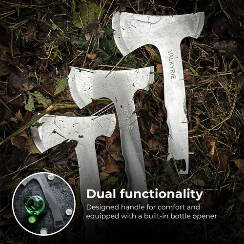 VALKYRIE. Throwing Axe Set – 3 Stainless Steel Tactical Tomahawk Axes with Nylon Cover – Camping & Outdoor Throwing Axes for Axe Throwing, Target Practice & Bottle Opener Feature