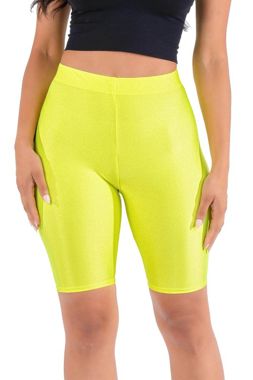 OFENTI Shiny Biker Shorts Colorful Knee Length High Waist Active Slip Shorts Boy Shorts Dance Yoga Running Lounge Neon Yellow 2X