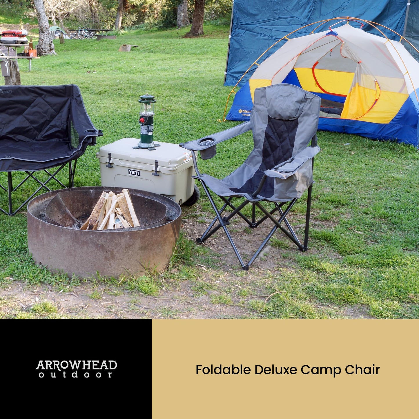 ARROWHEAD OUTDOOR Portable Deluxe Folding Camp Quad Chair w/Headrest, Glass & Cup Holders, Armest 6-can Cooler, Heavy Duty Carry Bag, 550 lbs Weight Capacity