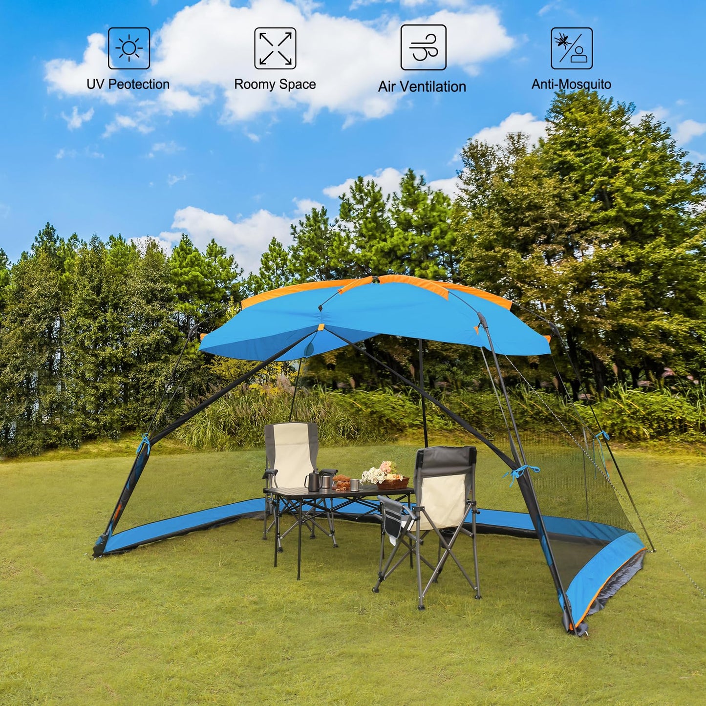 Hyper Venture Screen House 13x9 FT 4 Mesh Walls Canopy Tent Camping Gazebo Shelter for 6-8 People Outdoor Party Activities, Blue