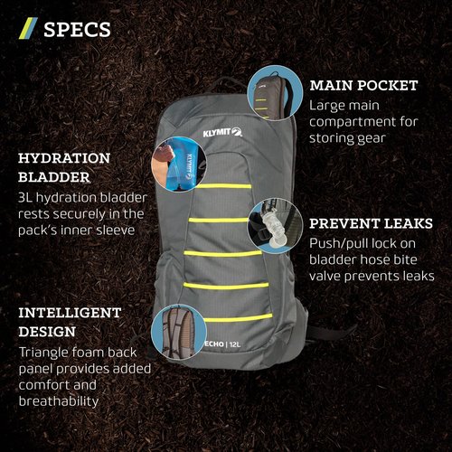 Klymit Echo 12L Hydration Pack, Grey/Green, Regular, 12ECUC12B