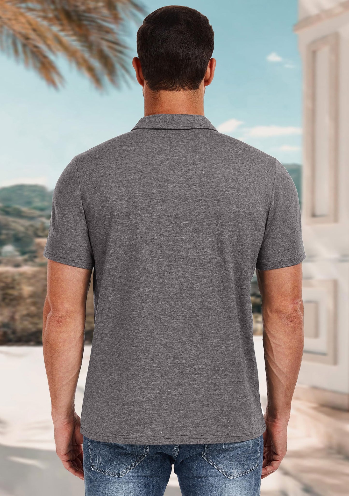 PEGENO Mens Polo Short Sleeve Shirt Designed Collared Polo Shirt Fashion Casual Shirts (Dark Gray-US Large)