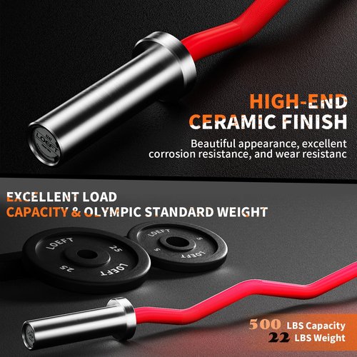 LOEFT EZ Curl Bar 47" Ceramics Finish Olympic Barbell 4 ft, 500 lbs Capacity with 4 Needle Bearings, Copper Sleeve for Weightlifting, Hip Thrusts, Squats and Lunge, for 2 Inch Weight Plates (Red Ceramics Finish)