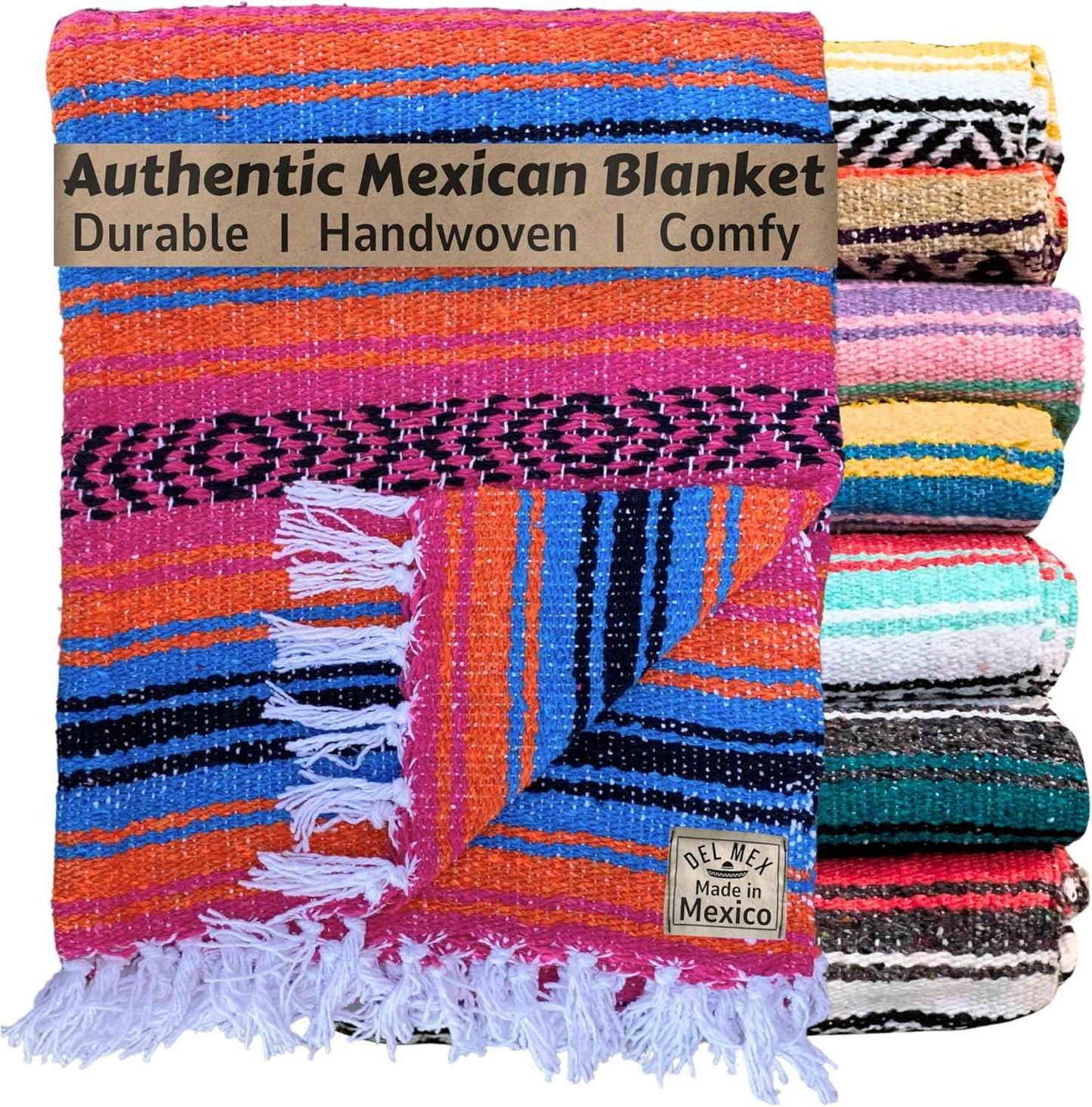 Authentic Del Mex Large Mexican Blanket - Woven Falsa Throw (70"x50") for Beach, Yoga & Outdoor Decor - Pink/Tan