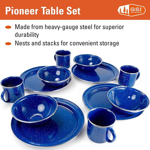 GSI Outdoors Pioneer Enamel 12 Pieces (4-Person) Dish Set I Enamelware Dishes Including Plates, Bowls and Mugs for Camping, Outdoors, RV, Camp, Green