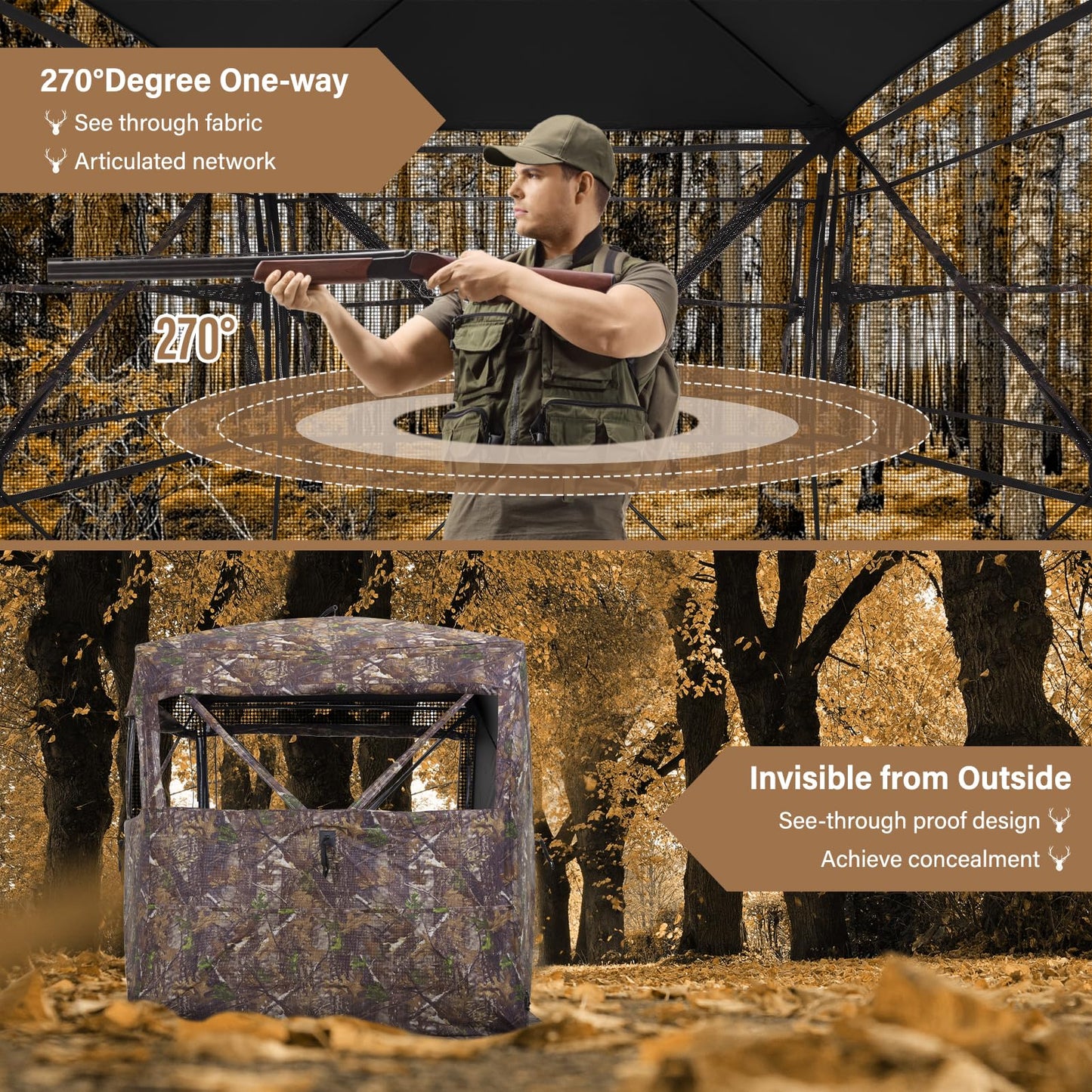 ANWEOR See Through Hunting Blind 270 Degree Portable Resilient Hunting Blind with Carrying Bag Easy Pop Up Ground Blinds for Deer Hunting Turkey Hunting 66x58x58 in