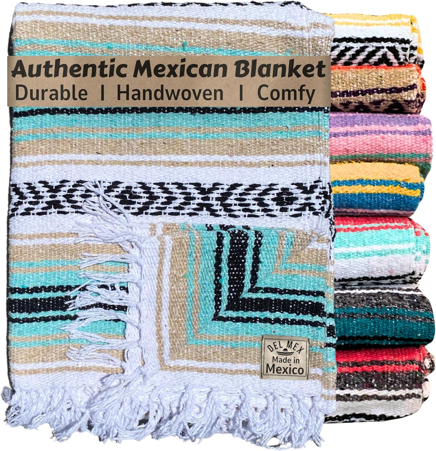 Authentic Del Mex Large Mexican Blanket - Woven Falsa Throw (70"x50") for Beach, Yoga & Outdoor Decor - Pink/Tan