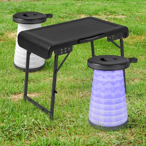 Tangkula 3 Piece Camping Set, Folding Table with 2 Collapsible LED Stools, Carry Handle, Portable & Lightweight for Outdoor Hiking Camp Picnic Fishing