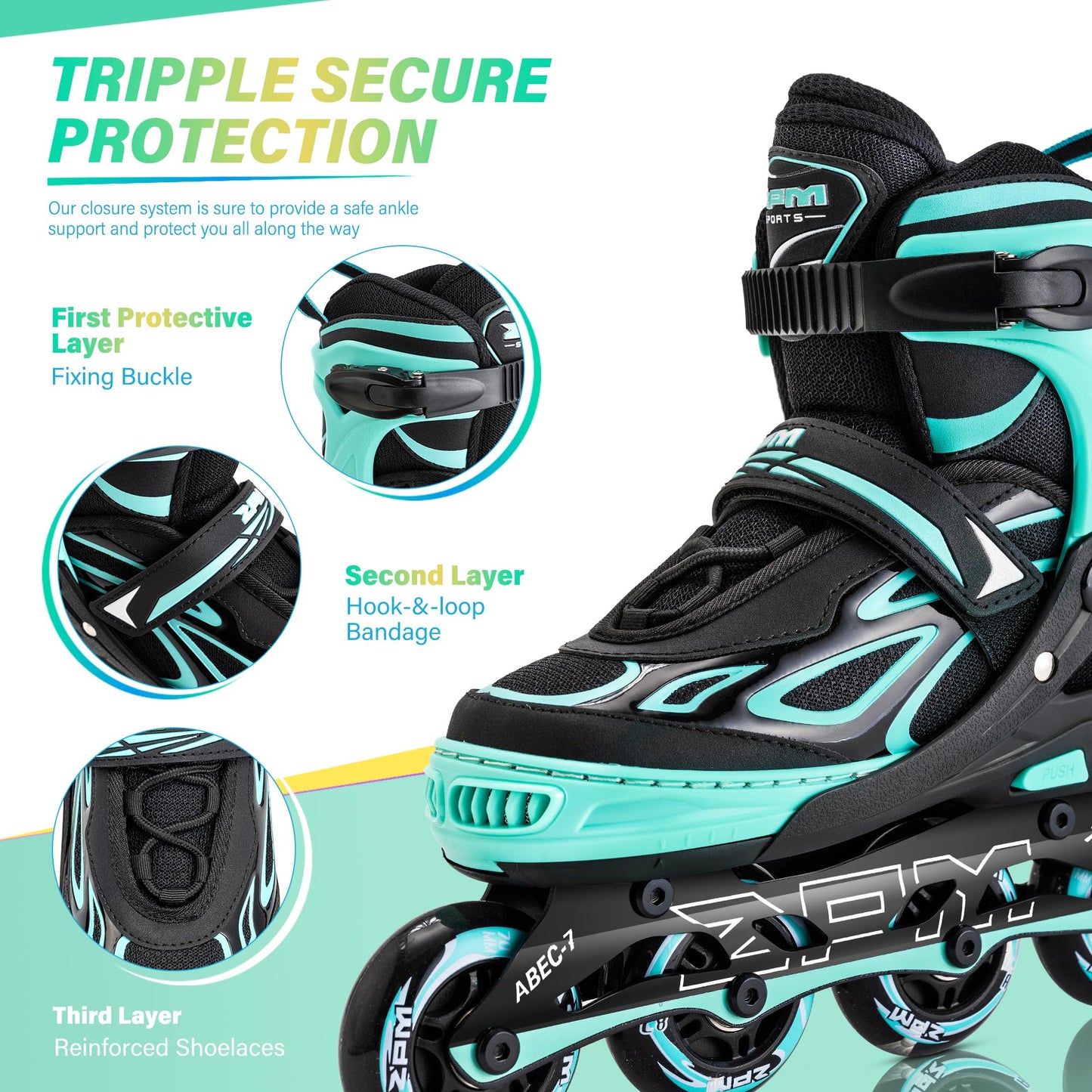 2PM SPORTS Vinal Girls Adjustable Flashing Inline Skates, All Wheels Light Up, Fun Illuminating Skates for Kids Women and Men - Mint Small