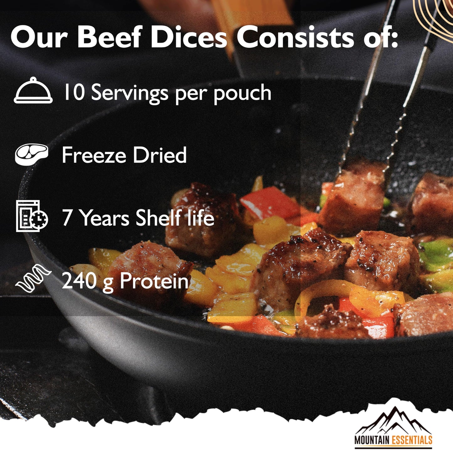 MOUNTAIN ESSENTIALS Freeze-Dried Diced Beef – Fully Cooked Pre-Cooked Meat | 240g High Protein Intake | 10 Servings per Pouch | Ready-to-Eat Meal Prep | Pantry Staples, Daily Meals, Emergency Survival, Camping Food | 7-Year Shelf Life | Made in USA | Pack