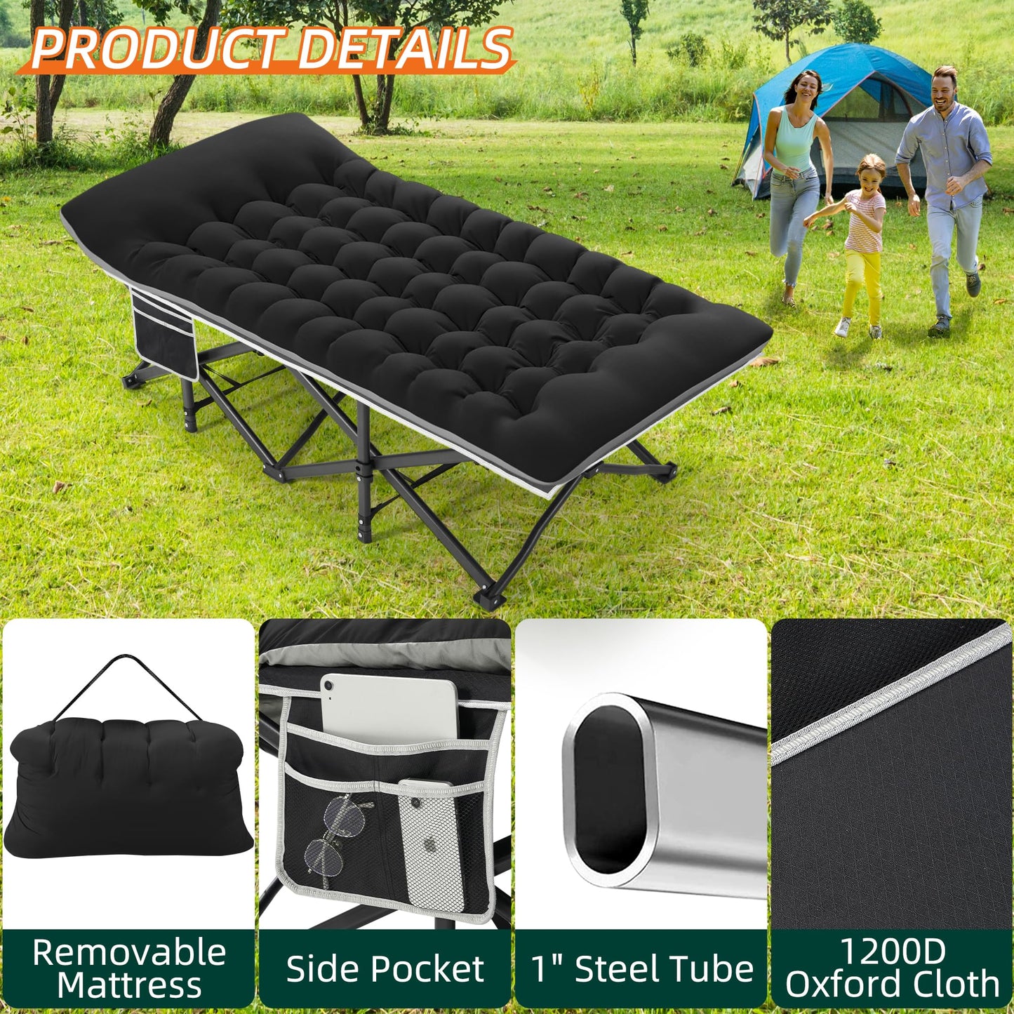 Fragess Portable Camping Cot, 32" Extra Wide Camping Cots for Adults with Thick Mattress, Heavy Duty Sleeping Cot Holds Up to 600LBS, Cots for Sleeping, Rv, Beach, Patio, Office Naps(Black)