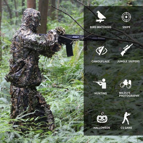 PELLOR Ghillie Suit, 3D Leafy Suit for Hunting Including Hunting Clothes, Hunting Gloves, Leafy Face Mask and Camo Bag for Jungle Shooting Airsoft Woodland Photography or Halloween