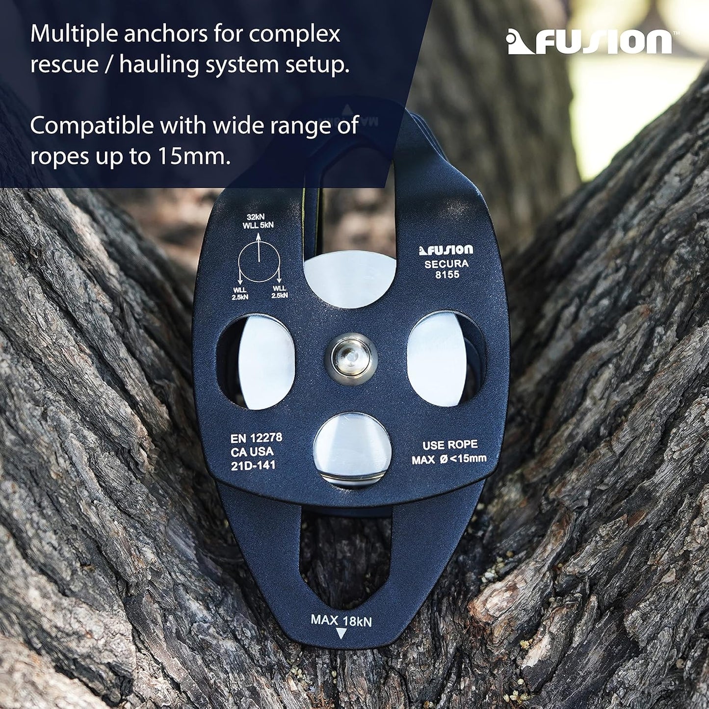 Fusion Climb Lightweight and Durable Aero Space Aluminum Alloy Double Pulley Swing Plate 32kN for Progress Capture System Rigging Hauling Rescue Arborist Tree Climbing