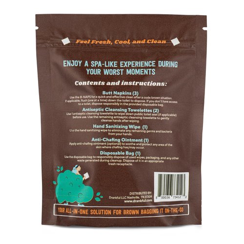 Drankful Code Brown Bag, Single Use Portable Travel Bathroom Pack, Includes Butt Napkins, Hand Wipes, Disposal Bag, Hand Sanitizer, Anti-Chafe Ointment, for Running, Camping, Hiking, Outdoors