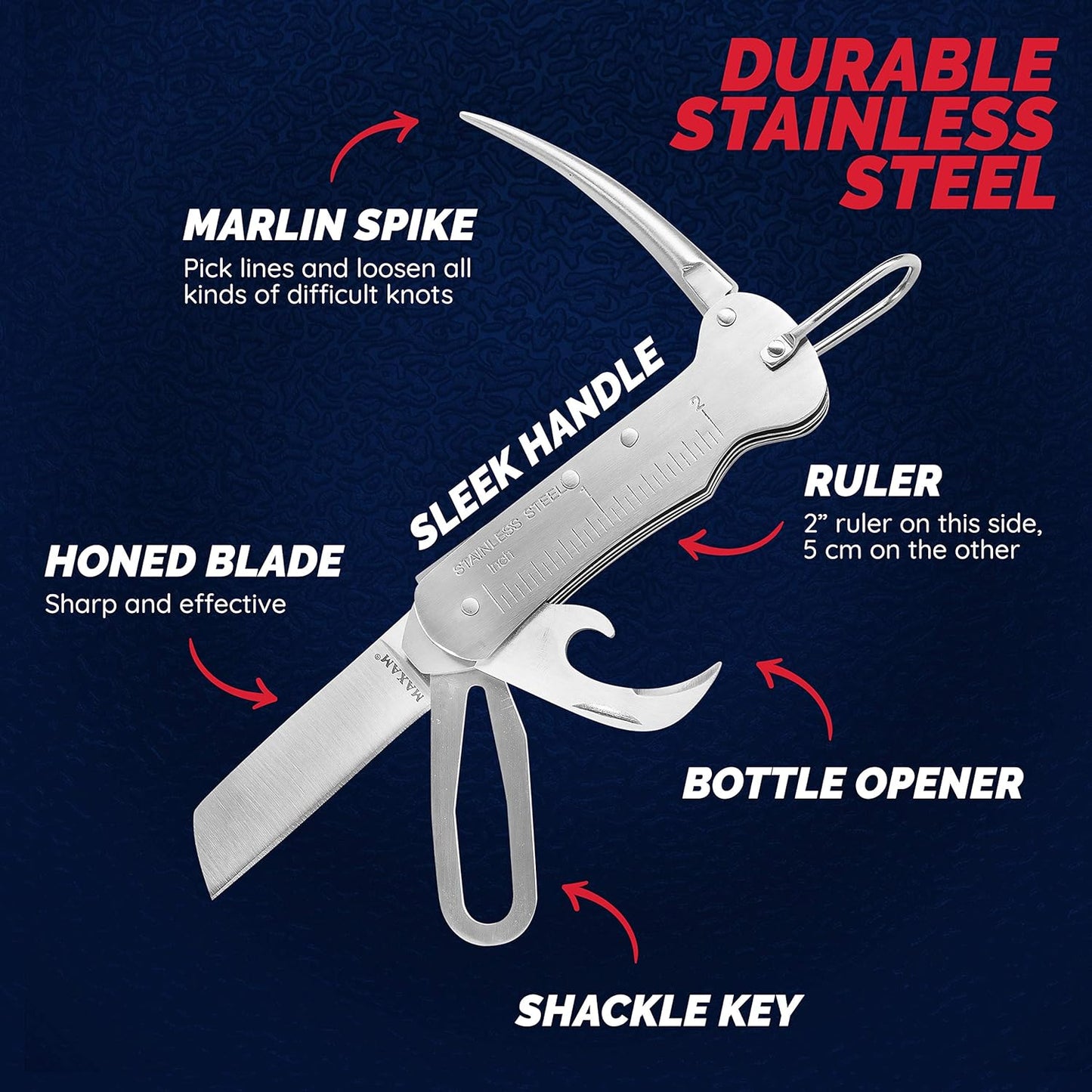 Maxam 3 3/4 Inch Sailor's Tool, a Powerful Multi-Use Sailor Knife Ideal for Boating, Fishing, Camping or Outdoor Activity, Silver