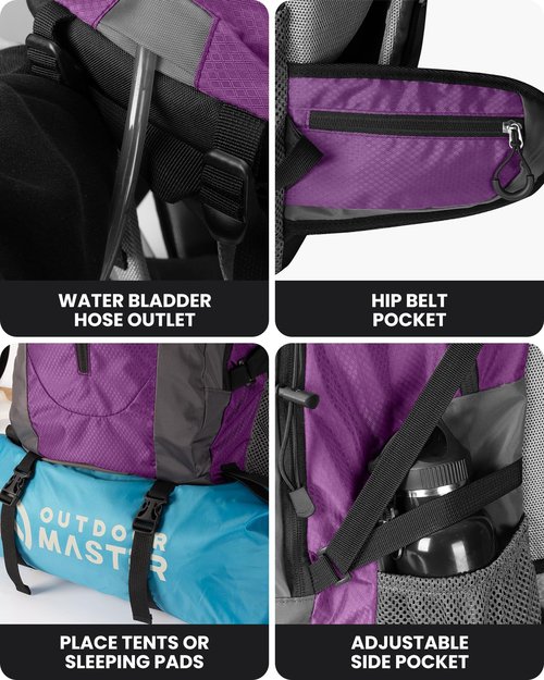 OutdoorMaster 50L Hiking Backpack with High Strength Aluminum Support, Lightweight Travel Daypack with Rain Cover, Waterproof Camping Bag for Men Women -Purple