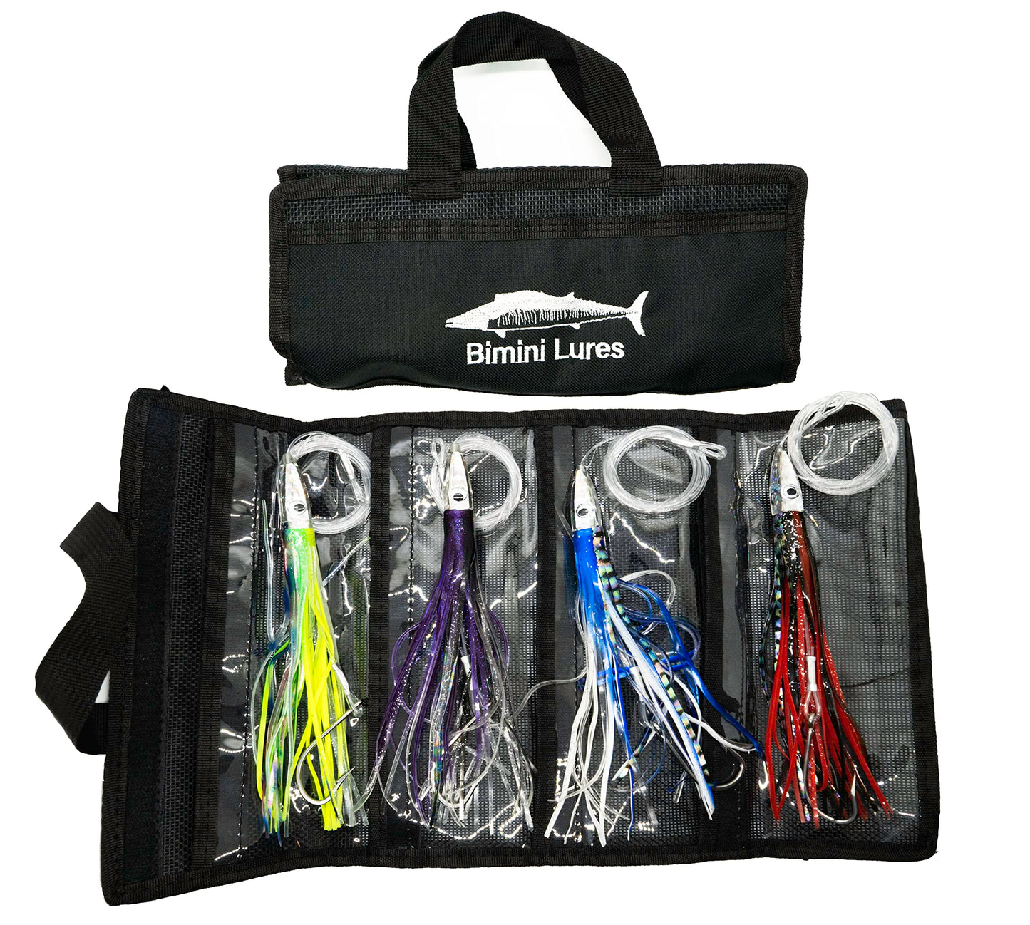 Fishing Lure Set of 4 Trolling Saltwater Skirted Lures: Rigged Lures and Black Bag Included. Catch Any Predatory Pelagic Fish in The Ocean Including Dolphin, Tuna, and Wahoo!
