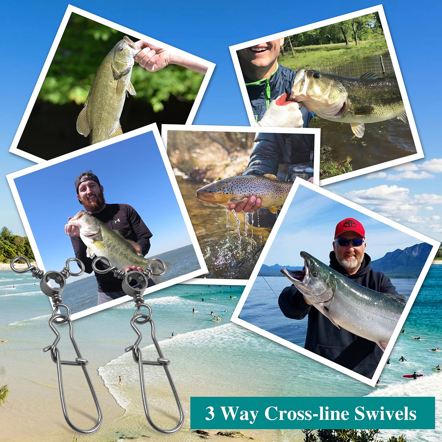 AGOOL Fishing 3 Way Swivel Snaps - 30pcs T-Turn Fishing Swivels Triple Swivels Cross Line Duo Lock Snap Swivels Fishing Lure Connectors Fishing Tackle for Trolling Catfish Rig Saltwater Freshwater