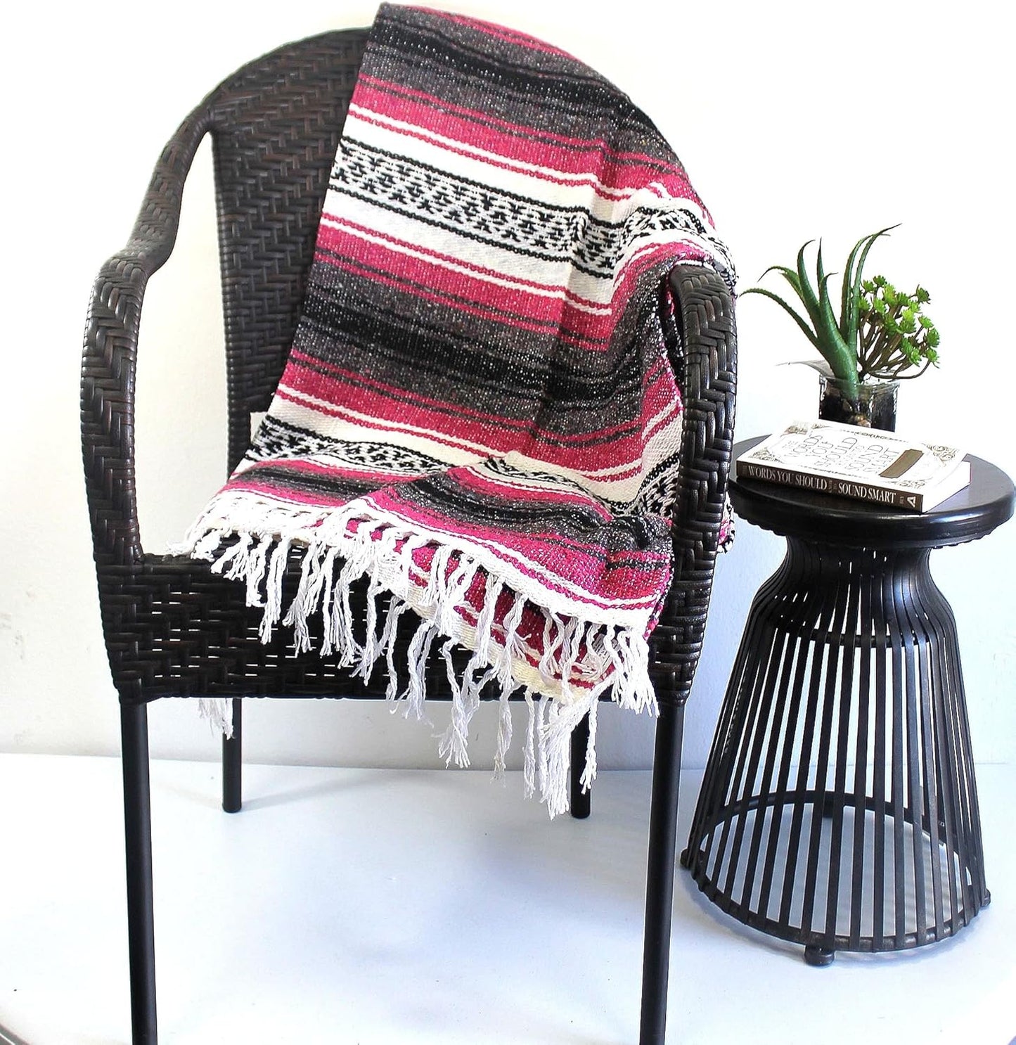 Authentic Del Mex Large Mexican Blanket - Woven Falsa Throw (70"x50") for Beach, Yoga & Outdoor Decor - Pink/Tan