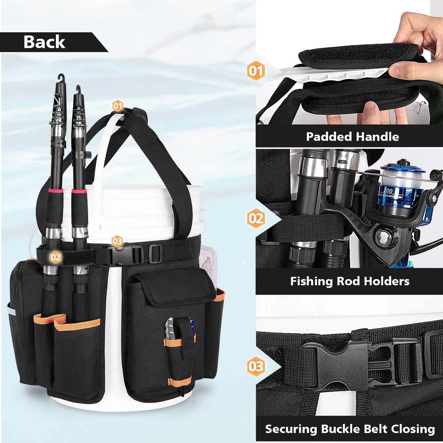 GOBUROS Fishing Bucket Organizer for 5 Gallon Bucket with Adjustable Buckle, Rod and Plier Holder and Multi-Pockets for Fishing Gear (Bucket not Included)