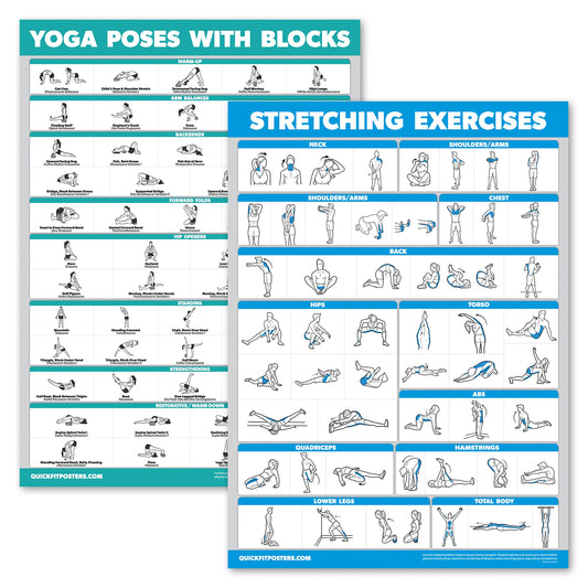 2 Pack - Yoga Block Poses + Stretching Exercise Poster Set - Yoga Positions with Blocks Chart - Set of Two Fitness Charts (18 x 24, LAMINATED)