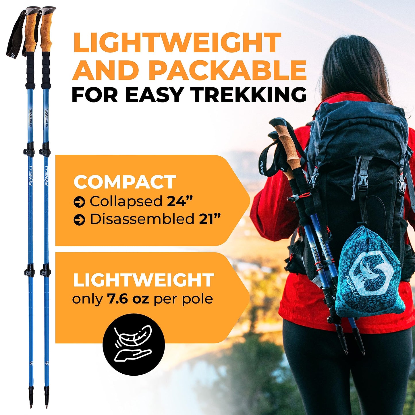 Foxelli Hiking Poles Bundle (2 Pairs) – Black & Blue Collapsible Lightweight Carbon Fiber Trekking Poles with Accessories