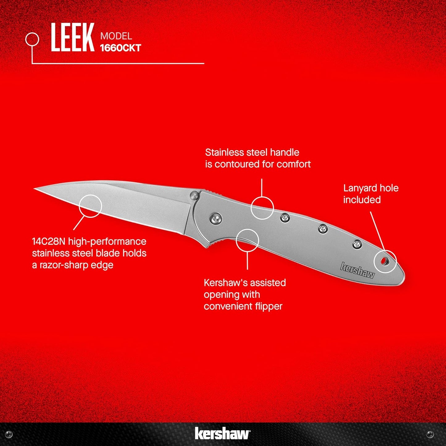 Kershaw Leek Pocket Knife, 3" 14C28N Stainless Steel Drop Point Blade, Spring Assisted Knife, Folding EDC