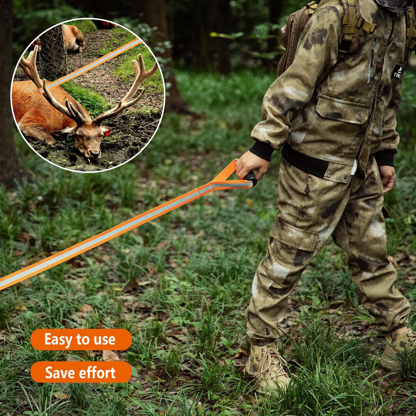 Adnee 4 Pack Deer Drag and Harness - 4.9ft Deer Drags Rope for Hunting Gear- Reflective Deer Safety Hunting Accessories with Comfort Grip Handle for Man