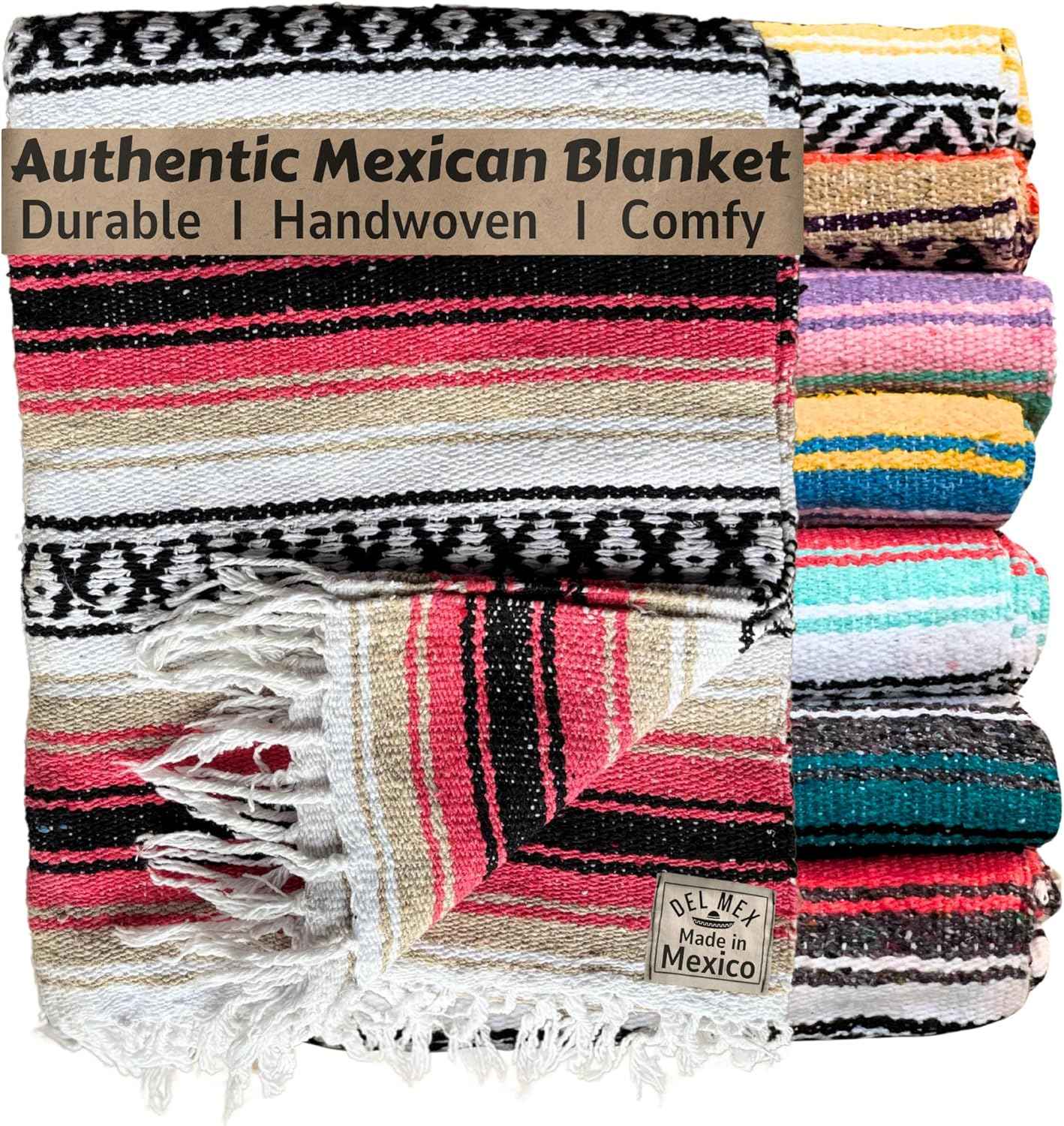 Authentic Del Mex Large Mexican Blanket - Woven Falsa Throw (70"x50") for Beach, Yoga & Outdoor Decor - Pink/Tan