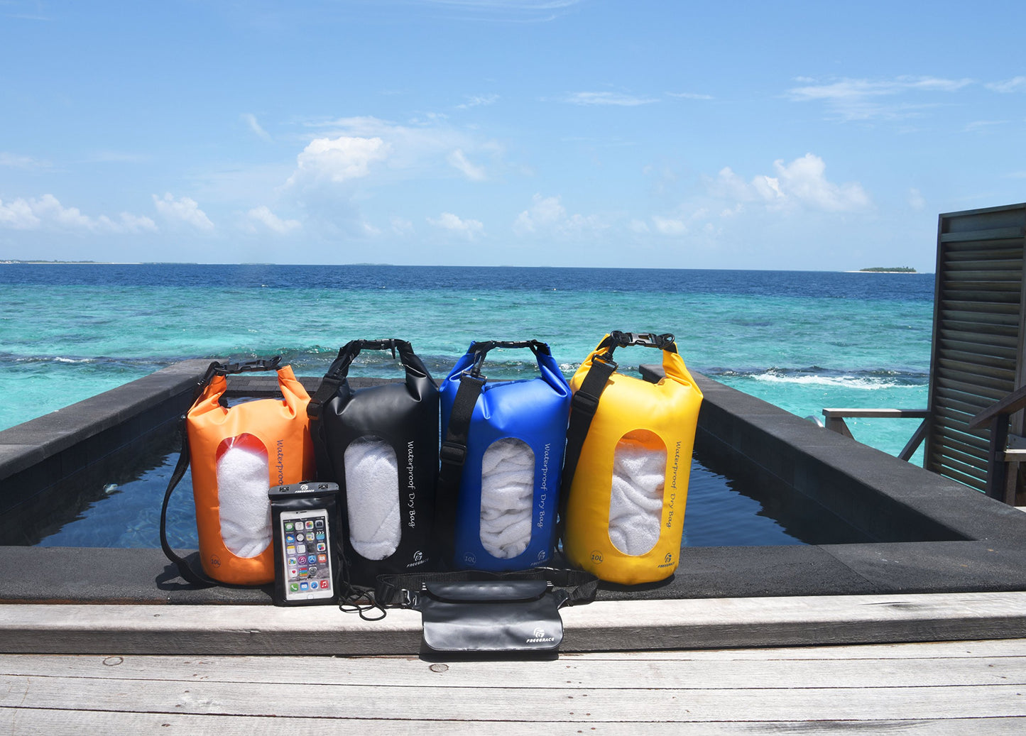 Freegrace Waterproof Dry Bag Set of 3 - Submersible Dry Sack with Double Zip Lock Seals - Includes Waist Pouch & Phone Case - Perfect for Kayaking, Swimming, Boating & Rafting (Black(Window), 5L)