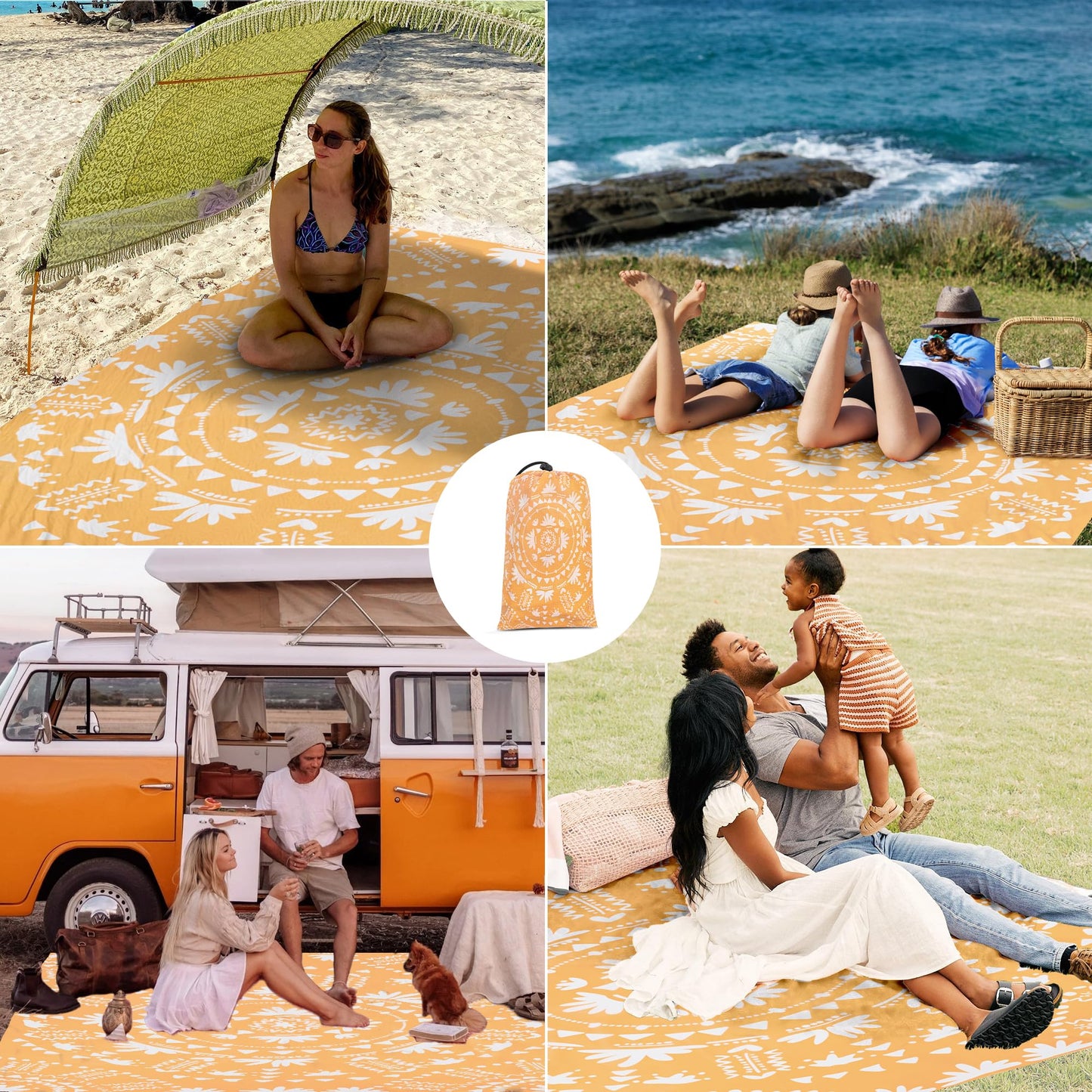 SkyNature 110''×118'' Extra Large Sandproof Beach Blanket 4-8 Adults, Waterproof Foldable Picnic Blankets with 4 Stakes & 4 Pockets, Lightweight Boho Outdoor Beach Mat for Travel, Camping, Hiking