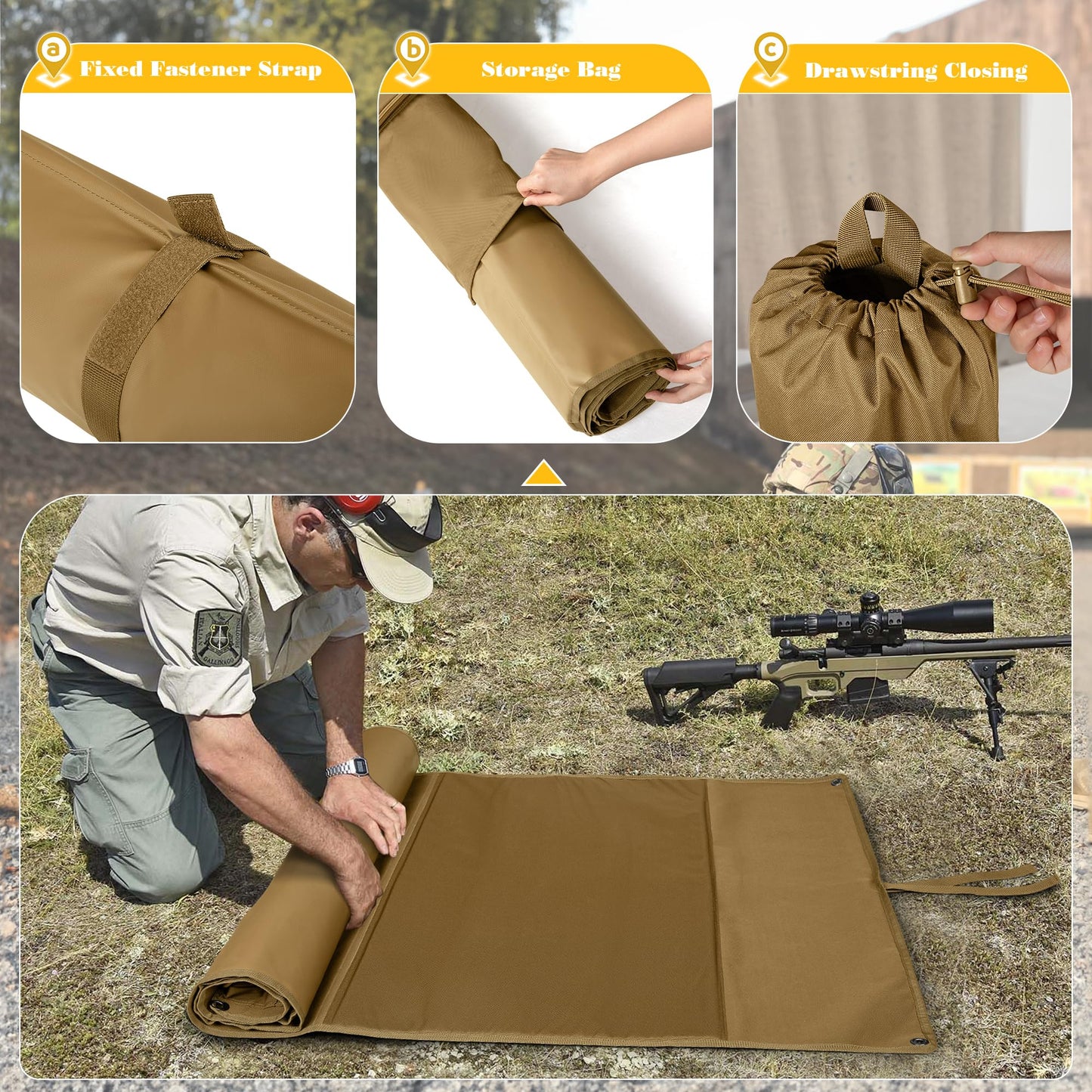 GOBUROS Tactical Shooting Mat with Carrying Bag, Extra Large Roll Up Shooting Mats Prone Padded Shooting Blanket with 2 Accessory Pockets for Range Shooting Hunting, Khaki